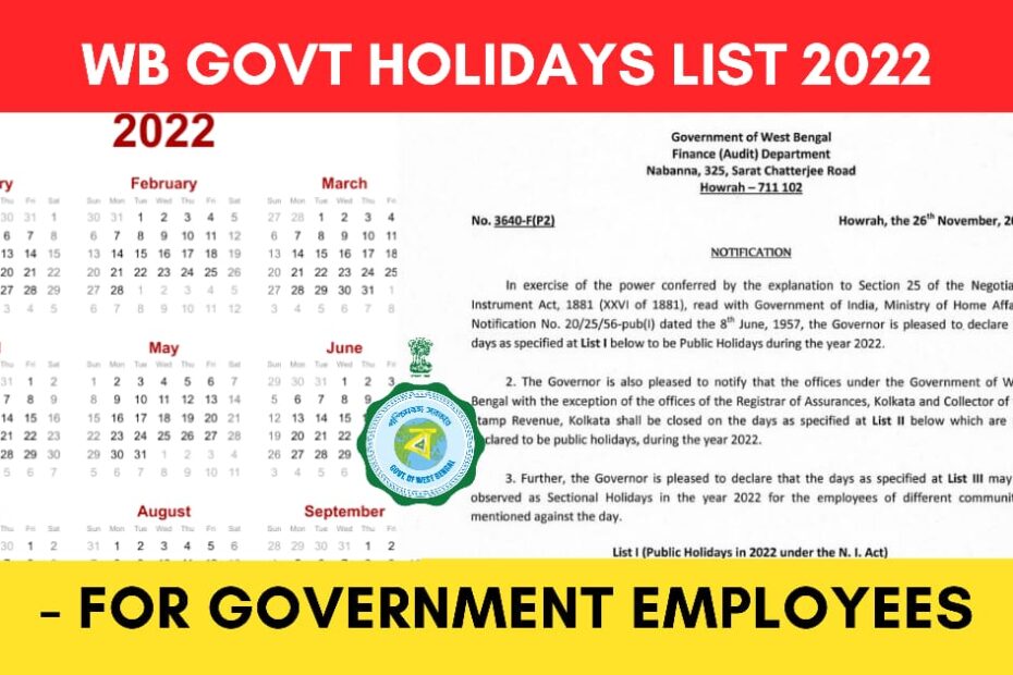West Bengal govt employees holidays list 2022 - Download PDF