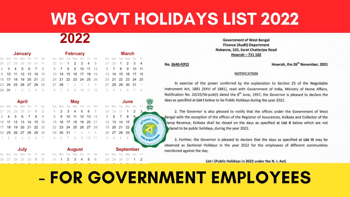 West Bengal govt employees holidays list 2022 Download PDF