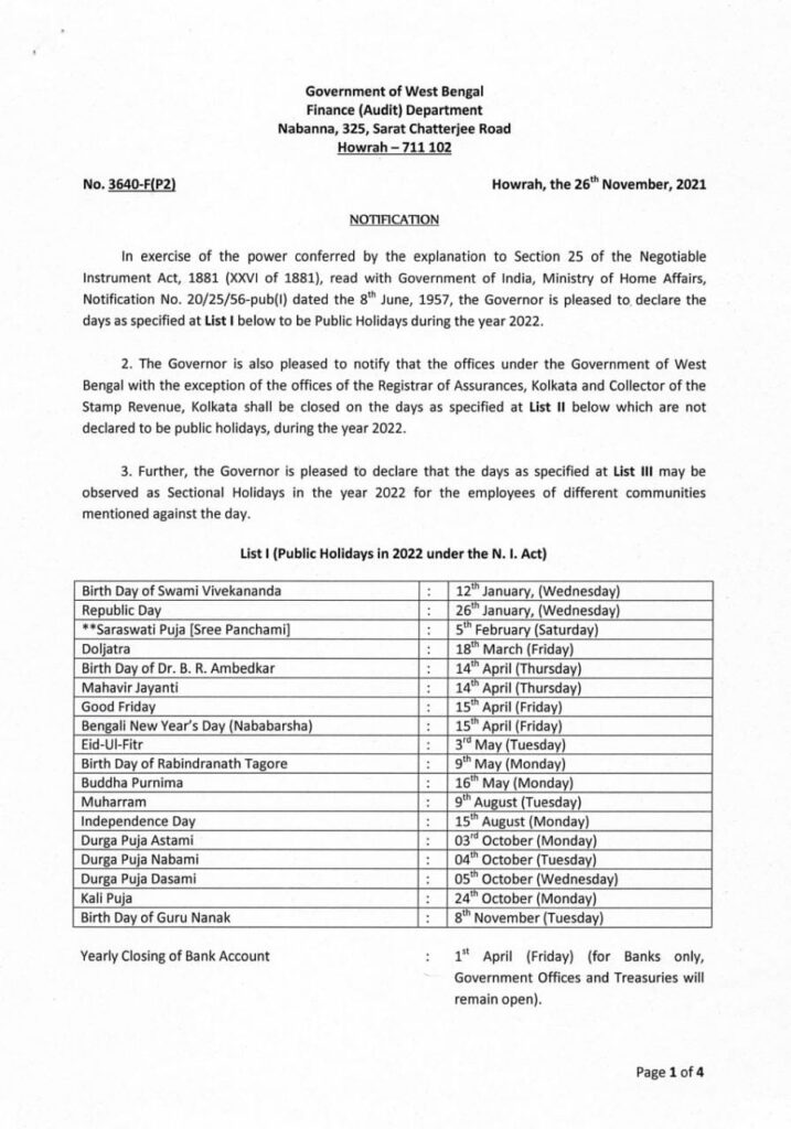 West Bengal govt employees holidays list 2022 - Download PDF